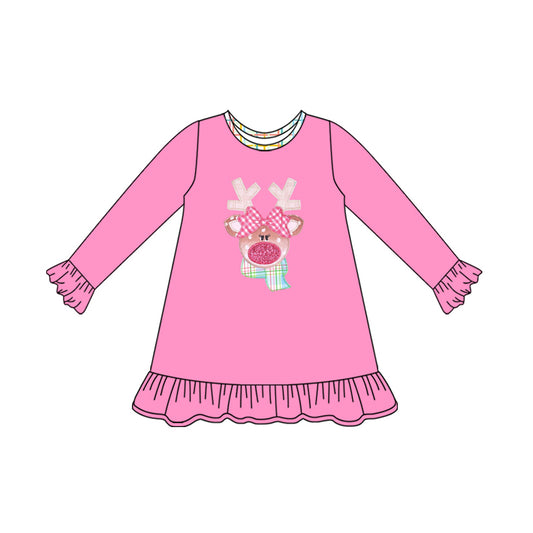 Baby Girls Pink Long Ruffle Sleeves Christmas Deer Knee Length Dresses Preorder