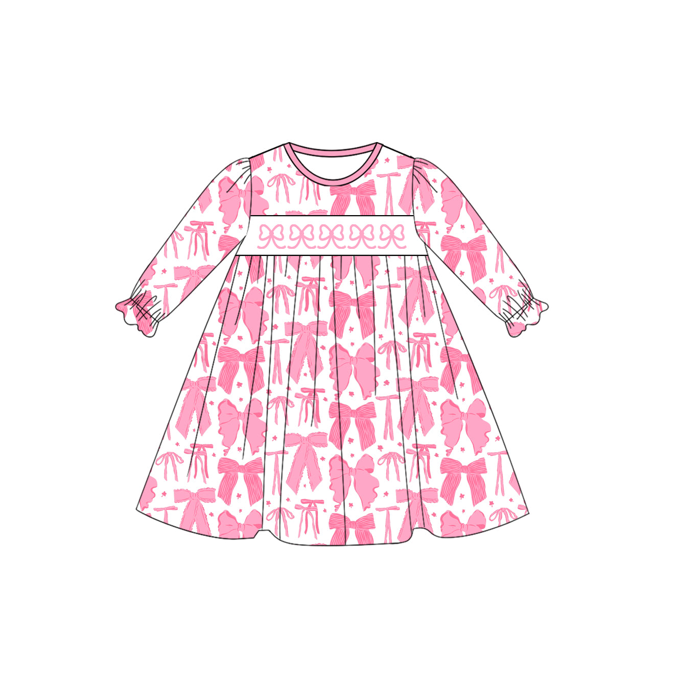 Baby Girls Long Ruffle Sleeves Pink Bows Plaid Knee Length Dress Preorder