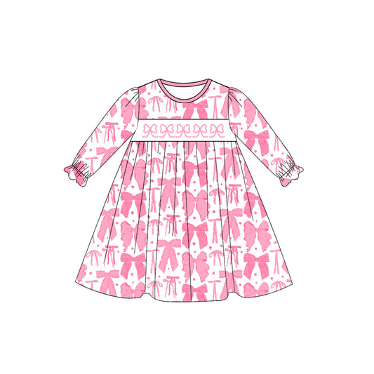 Baby Girls Long Ruffle Sleeves Pink Bows Plaid Knee Length Dress Preorder