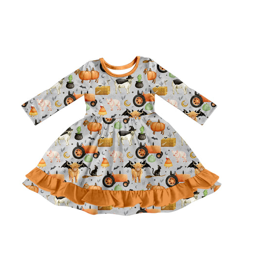 Baby Girls Long Sleeves Bats Farm Pumpkins Ruffle Knee Length Dress Preorder