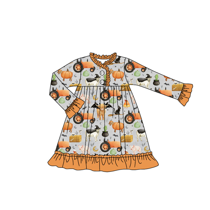 Baby Girls Long Ruffle Sleeves Bats Farm Pumpkins Button Knee Length Dress Preorder