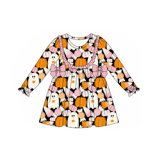 Baby Girls Long Ruffle Sleeves Ghost Pumpkins Bows Knee Length Dress Preorder