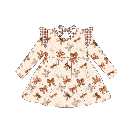 Baby Girls Long Sleeves Khaki Bows Plaid Knee Length Dresses Preorder
