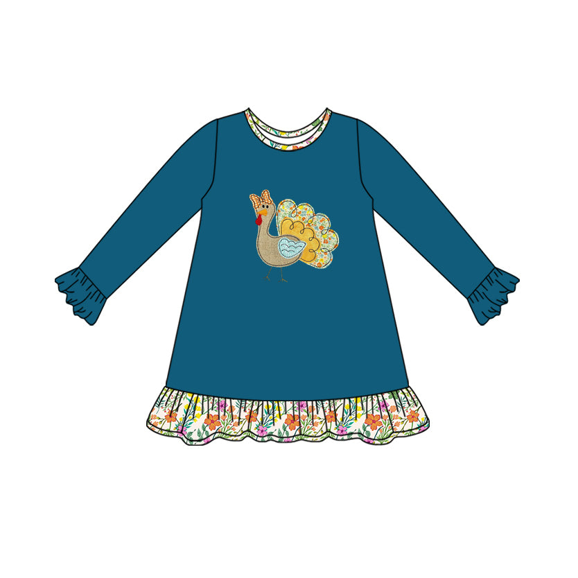 Baby Girls Long Sleeves Floral Turkey Ruffle Knee Length Dresses Preorder
