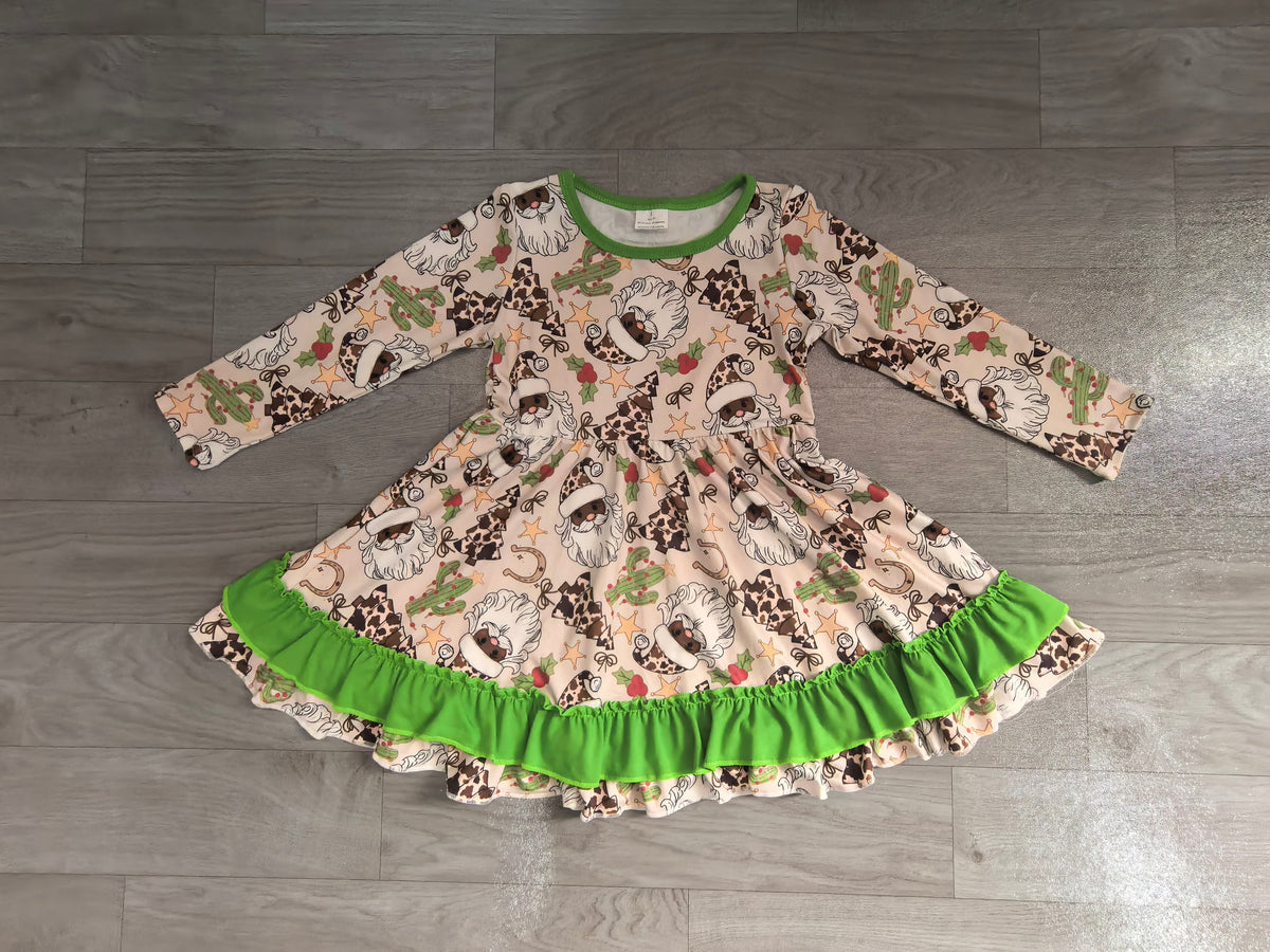 Baby Girls Christmas Western Long Sleeves Santa Cactus Ruffle Knee Length Dresses