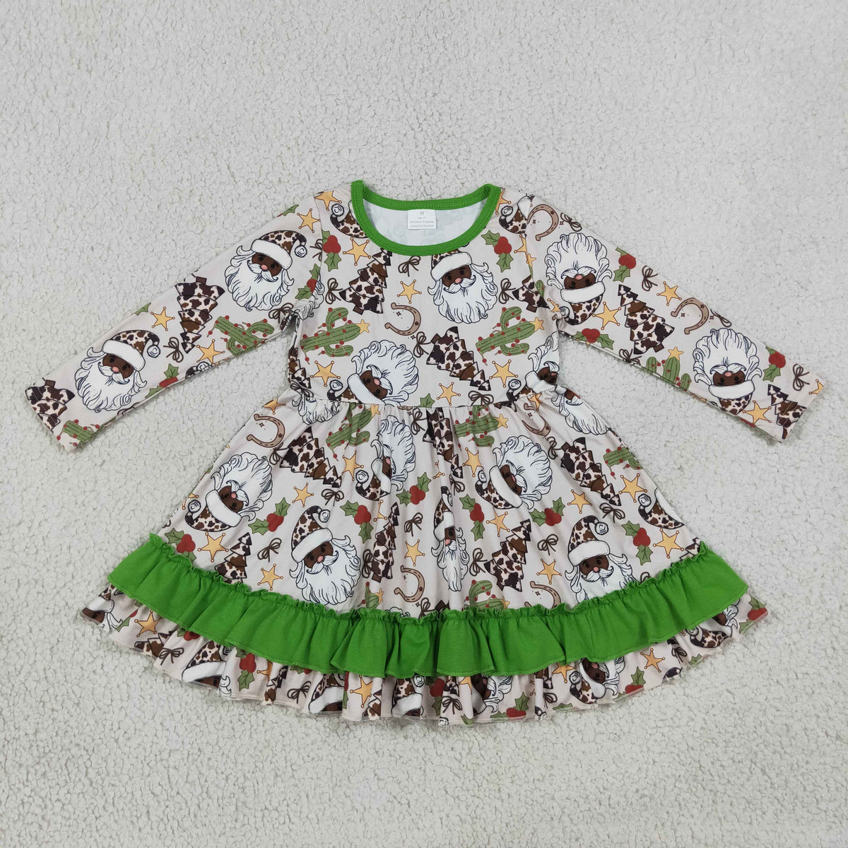 Baby Girls Christmas Western Long Sleeves Santa Cactus Ruffle Knee Length Dresses