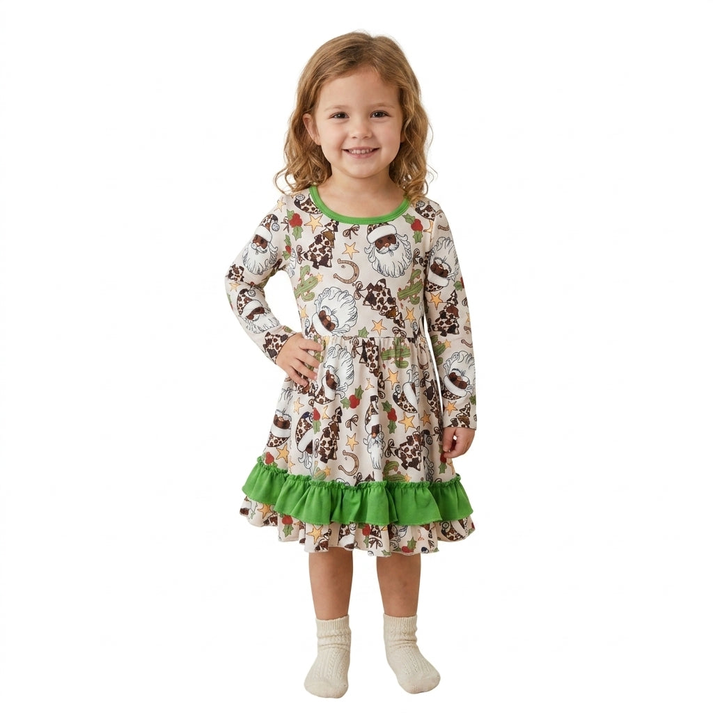 Baby Girls Christmas Western Long Sleeves Santa Cactus Ruffle Knee Length Dresses