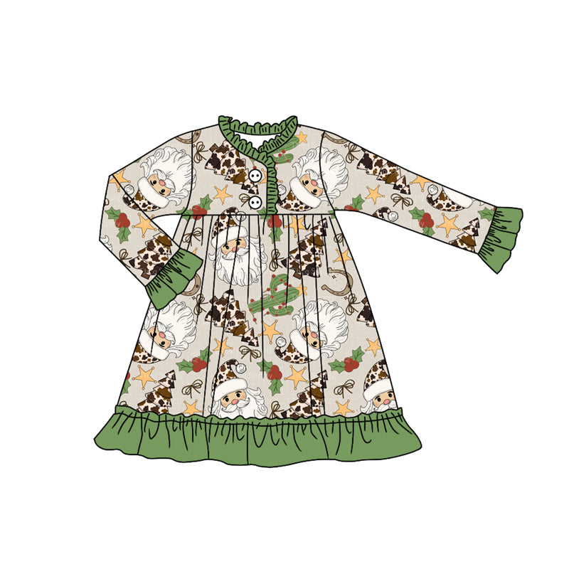 Baby Girls Long Ruffle Sleeves Santa Cactus Plaid Button Knee Length Dresses Preorder
