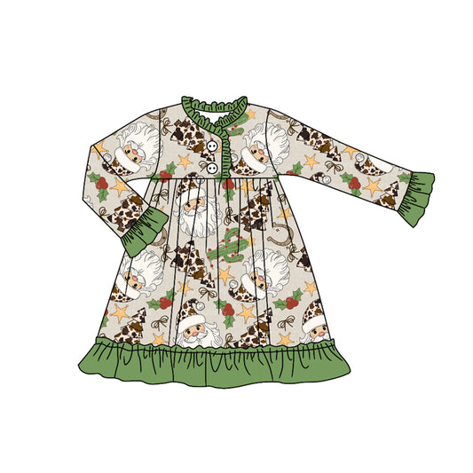 Baby Girls Long Ruffle Sleeves Santa Cactus Plaid Button Knee Length Dresses Preorder