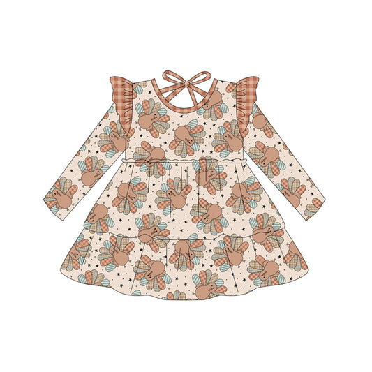 Baby Girls Long Sleeves Turkey Stars Plaid Knee Length Dresses Preorder