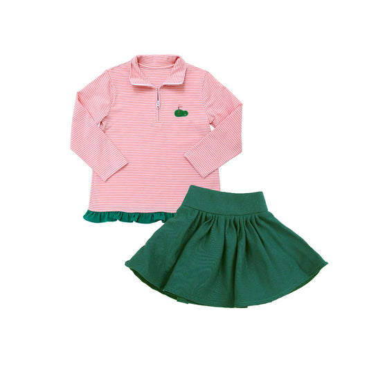 Baby Girls Stripe Long Ruffle Sleeves Golf Zipper Pullovers Top Skorts Set Preorder