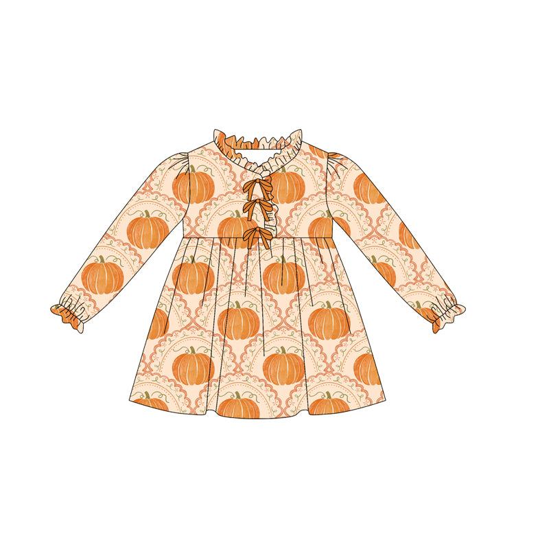 Baby Girls Long Ruffle Sleeves Pumpkins Plaid Knee Length Dresses Preorder
