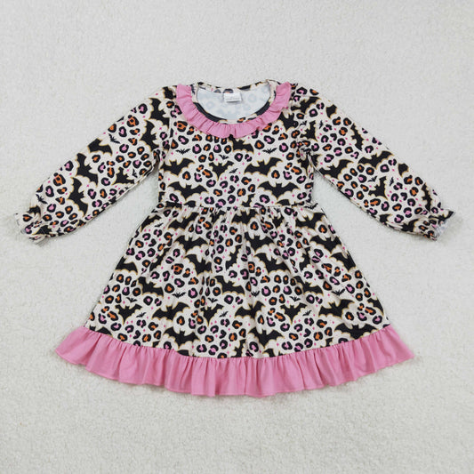 Sibling Baby Girls Bats Leopard Halloween Ruffle Knee Length Dresses Romper