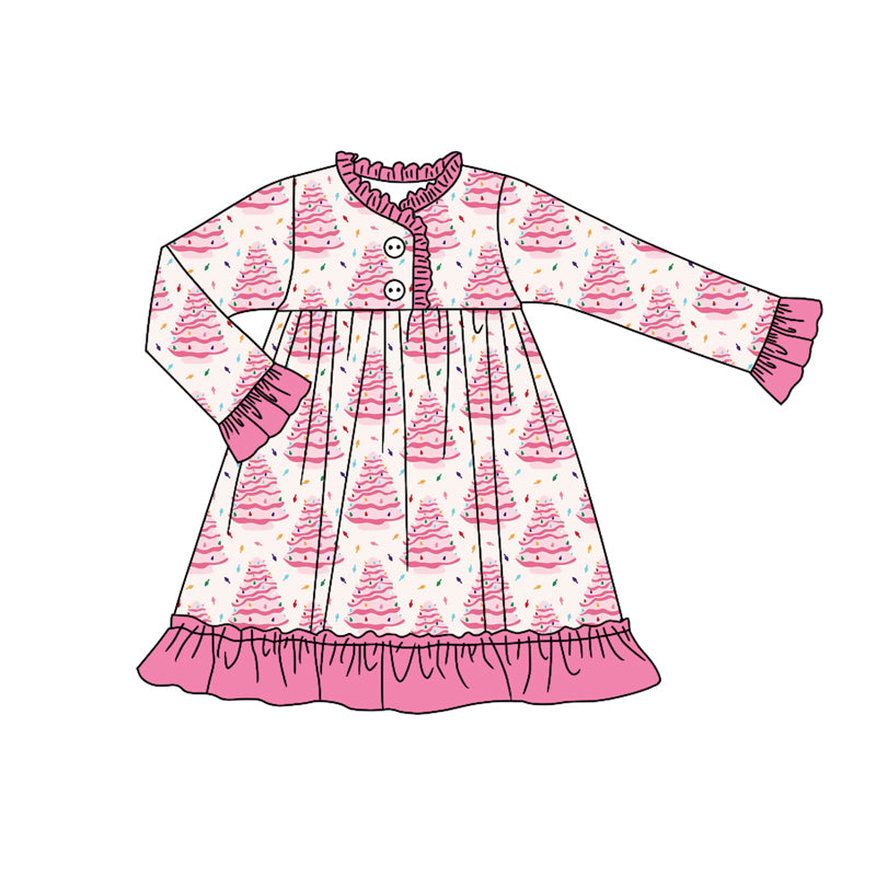 Baby Girls Long Ruffle Sleeves Christmas Trees Plaid Button Knee Length Dress Preorder