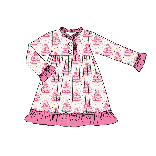 Baby Girls Long Ruffle Sleeves Christmas Trees Plaid Button Knee Length Dress Preorder