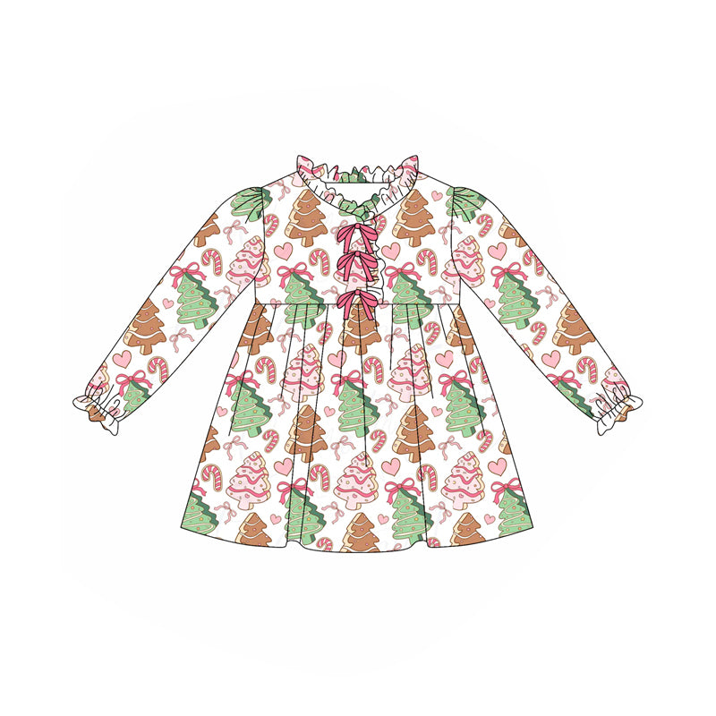 Baby Girls Long Ruffle Sleeves Christmas Trees Candy Cane Knee Length Dress Preorder