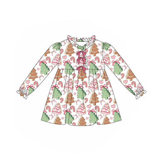 Baby Girls Long Ruffle Sleeves Christmas Trees Candy Cane Knee Length Dress Preorder