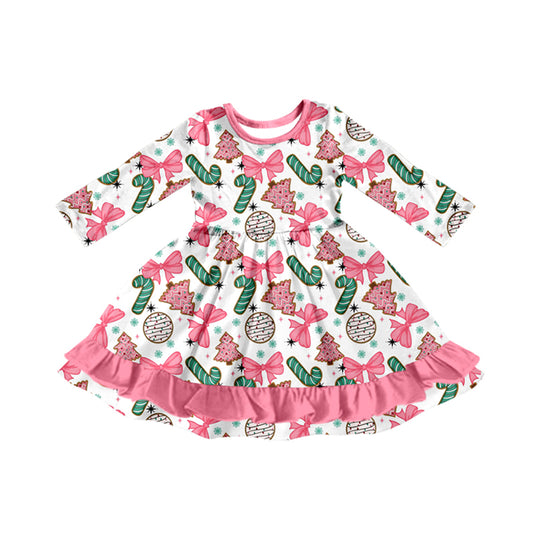 Baby Girls Long Sleeves Christmas Trees Candy Cane Ruffle Knee Length Dress Preorder