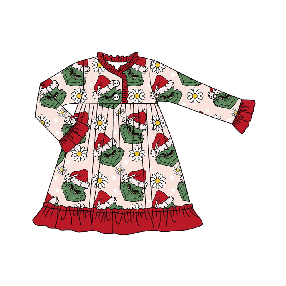 Baby Girls Button Christmas Green Face Flowers Knee Length Dress