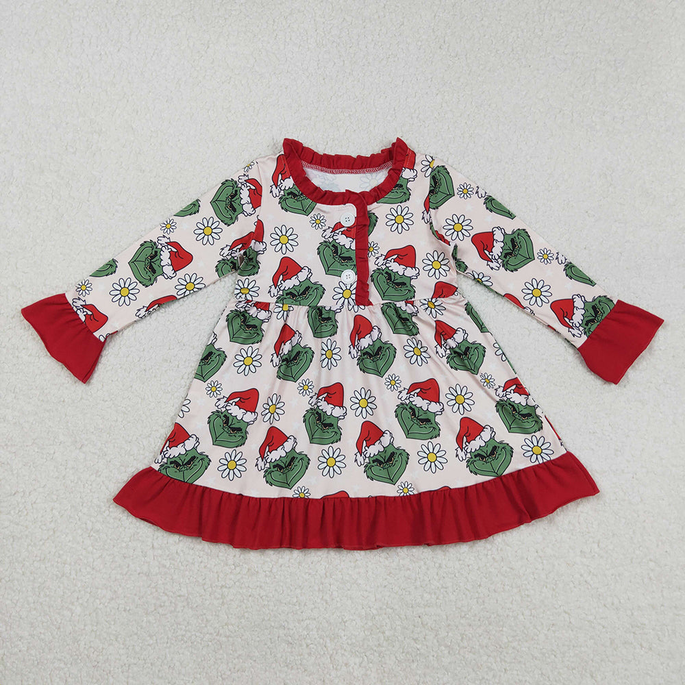 Baby Girls Button Christmas Green Face Flowers Knee Length Dress
