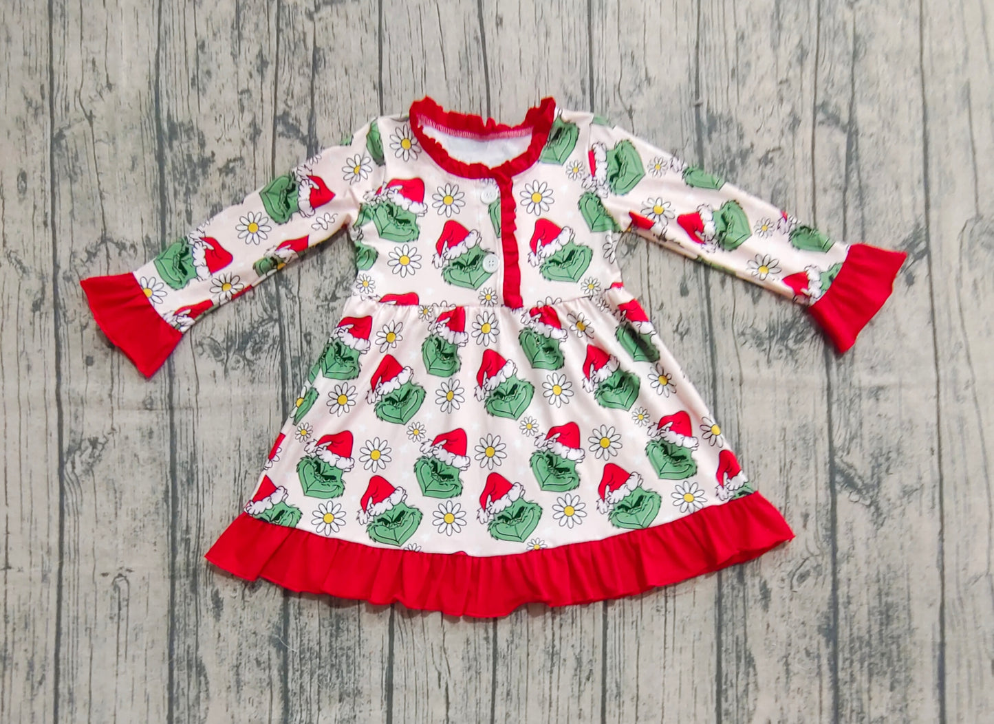 Baby Girls Button Christmas Green Face Flowers Knee Length Dress