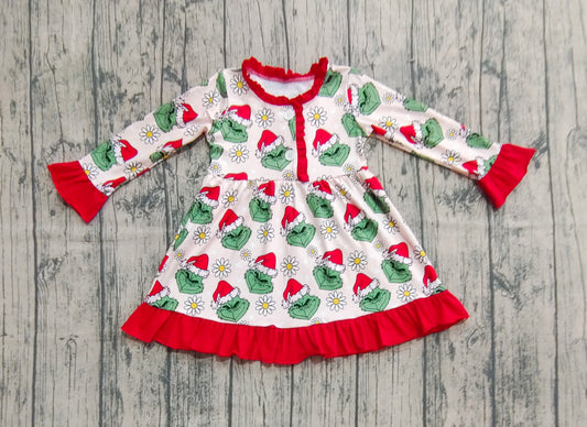 Baby Girls Button Christmas Green Face Flowers Knee Length Dress