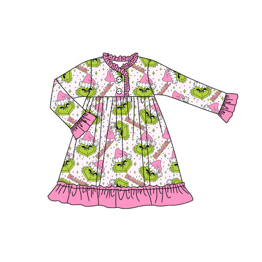 Baby Girls Long Sleeves Button Green Face Stars Plaid Ruffle Knee Length Dresses Preorder