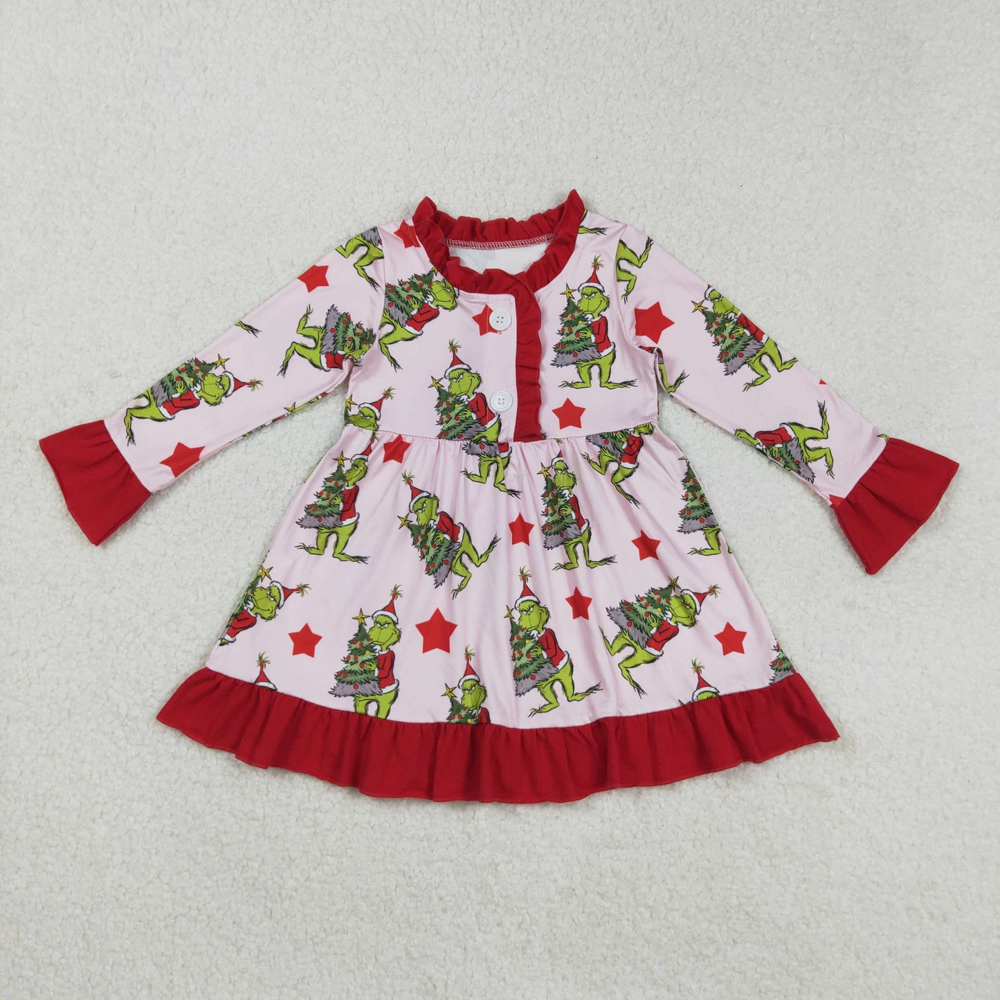 Sibling Baby Girls Long Sleeve Colorful Frogs Trees Christmas Button Knee Length Dresses