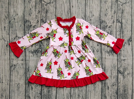 Baby Girls Christmas Green Face Trees Ruffle Knee Length Dresses