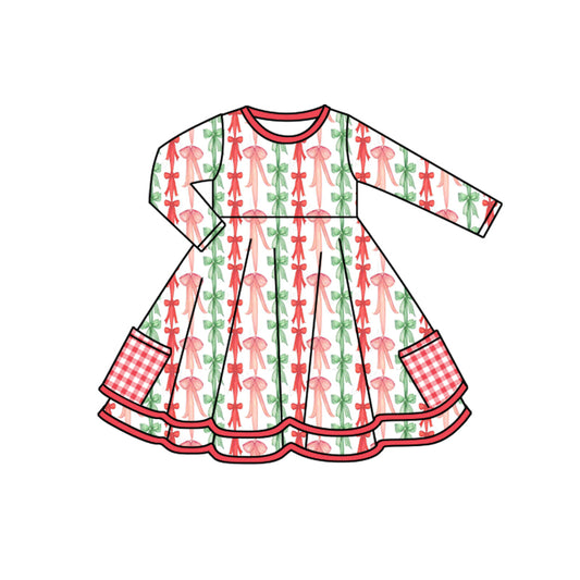 Baby Girls Bows Stripe Pockets Christmas Knee Length Dresses Preorder