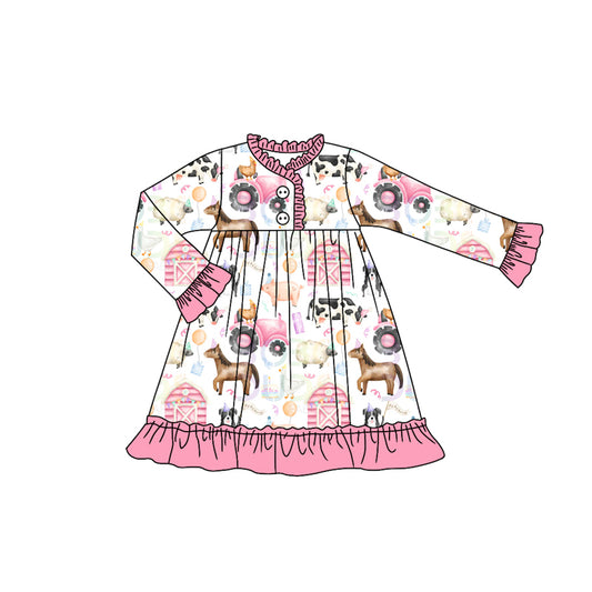 Baby Girls House Pigs Farm Button Ruffle Knee Length Dresses Preorder