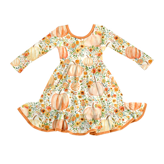 Baby Girls Pumpkins Floral Fall Ruffle Knee Length Dresses Preorder