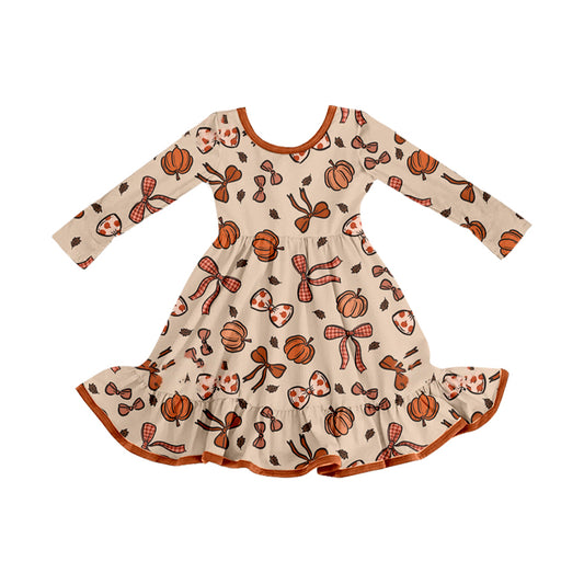Baby Girls Fall Pumpkins Bows Plaid Ruffle Knee Length Dresses Preorder