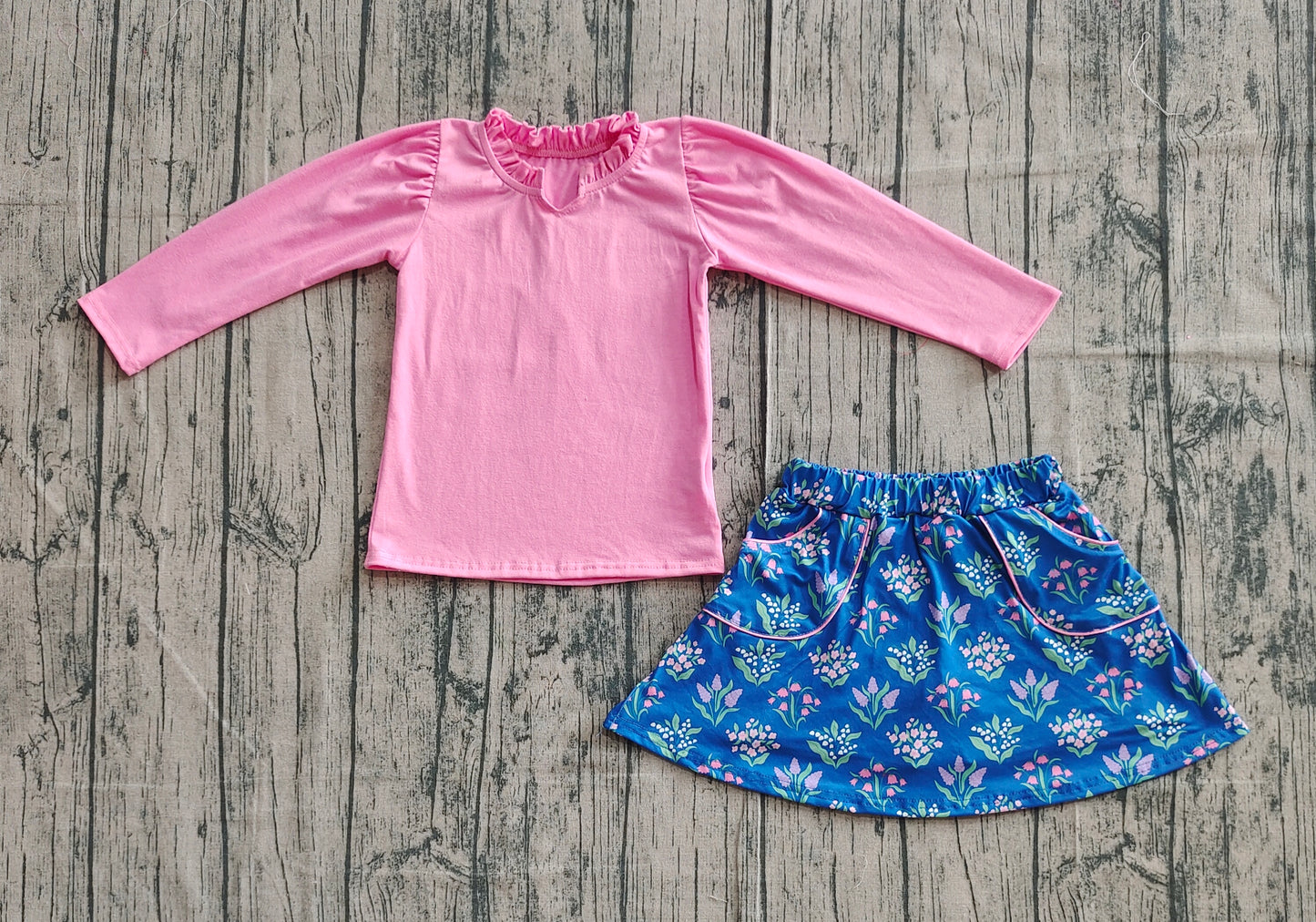 Baby Girls Pink Shirts Top Floral Pockets Skirts Sets