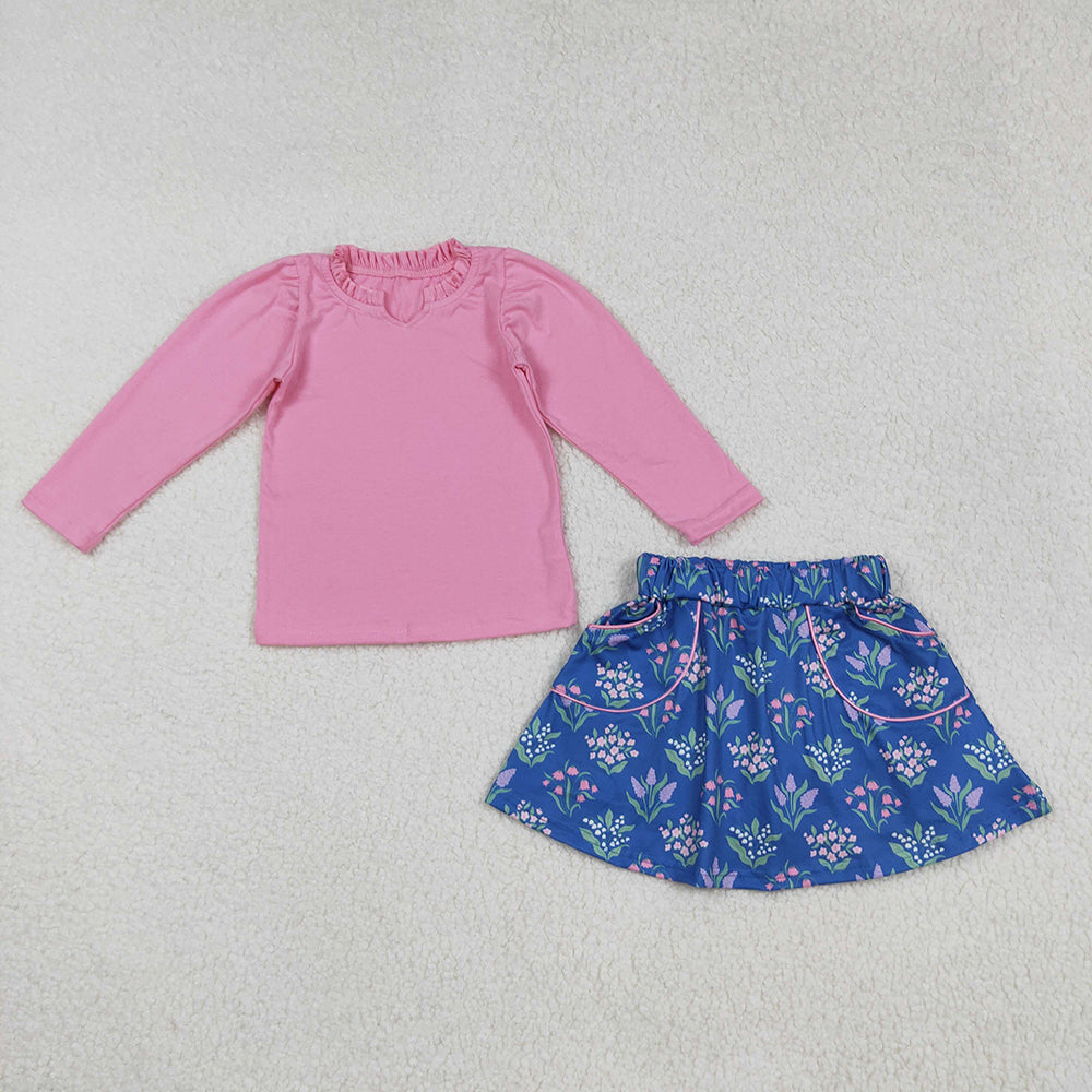 Baby Girls Pink Shirts Top Floral Pockets Skirts Sets