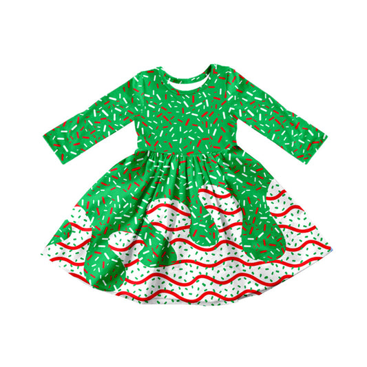 Baby Girls Drip Christmas Trees Print Knee Length Dresses Preorder