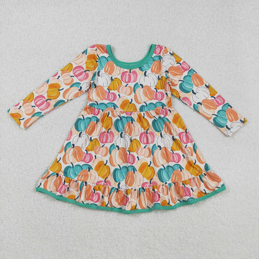 Baby Girls Colorful Pumpkins Plaid Fall Ruffle Knee Length Dresses