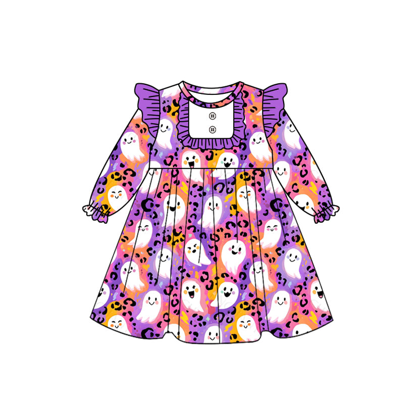 Baby Girls Purple Leopard Ghost Button Halloween Knee Length Dresses Preorder