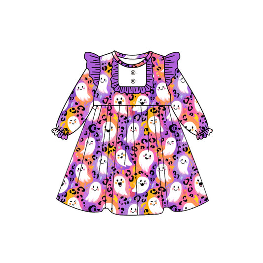 Baby Girls Purple Leopard Ghost Button Halloween Knee Length Dresses Preorder