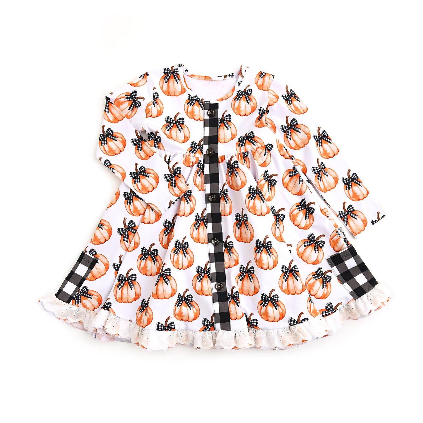 Baby Girls Bows Pumpkins Pockets Button Fall Knee Length Dresses Preorder