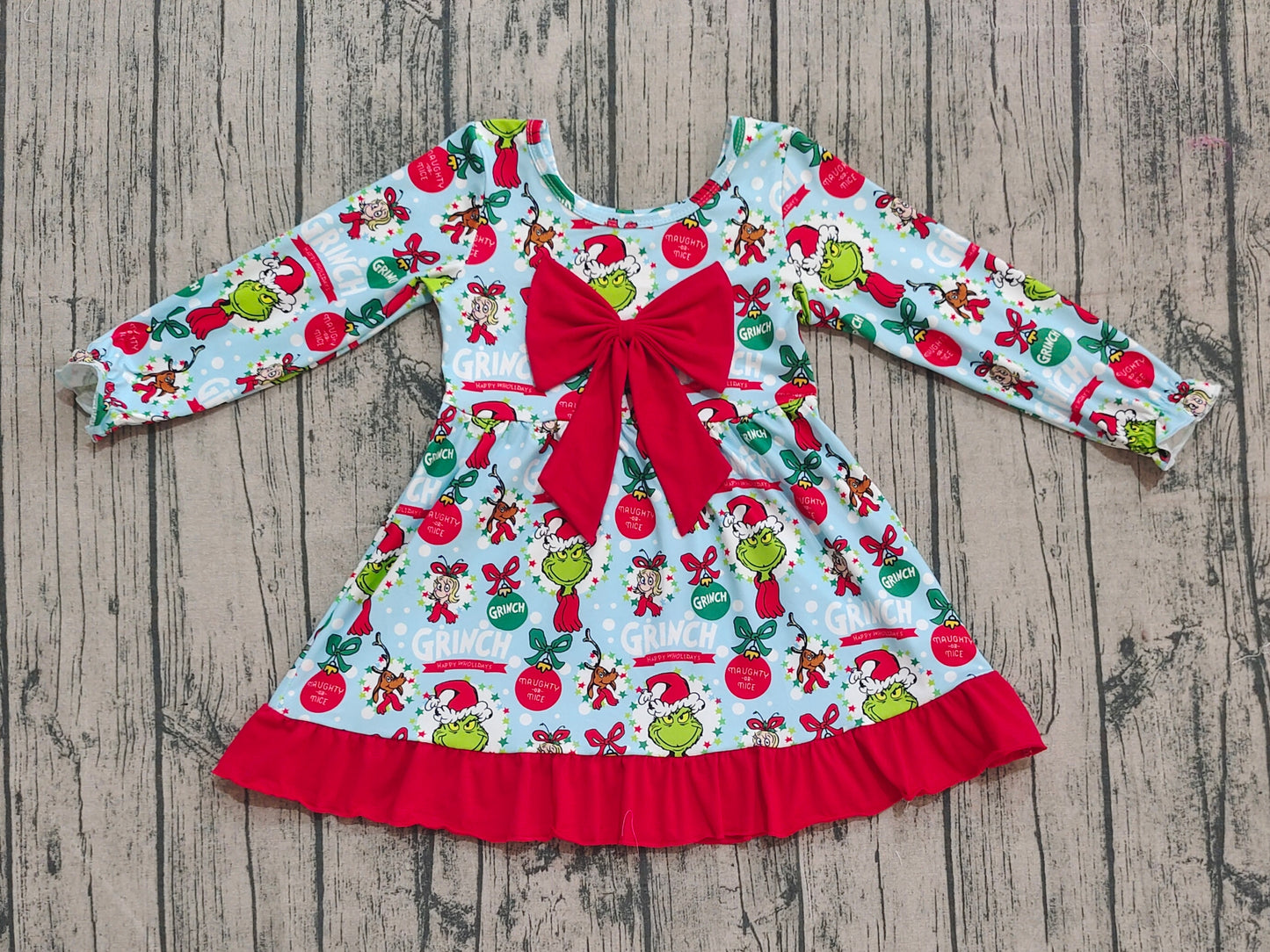 Baby Girls Christmas Green Face Bows Holly Big Bow Knee Length Dresses