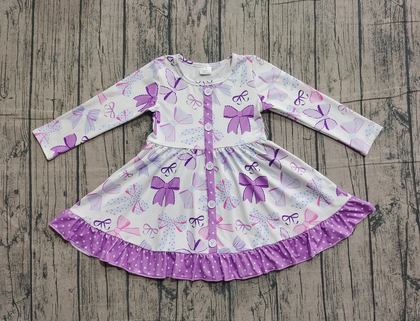 Baby Girls Purple Bows Button Ruffle Knee Length Dresses