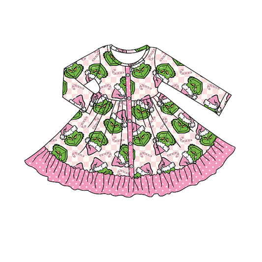 Baby Girls Grenn Face Button Ruffle Christmas Knee Length Dresses Preorder