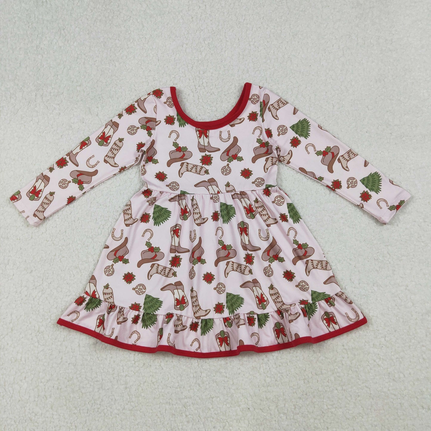 Sibling Baby Girls Boots Holly Trees Christmas Knee Length Dress Zipper Rompers Pajamas Sets
