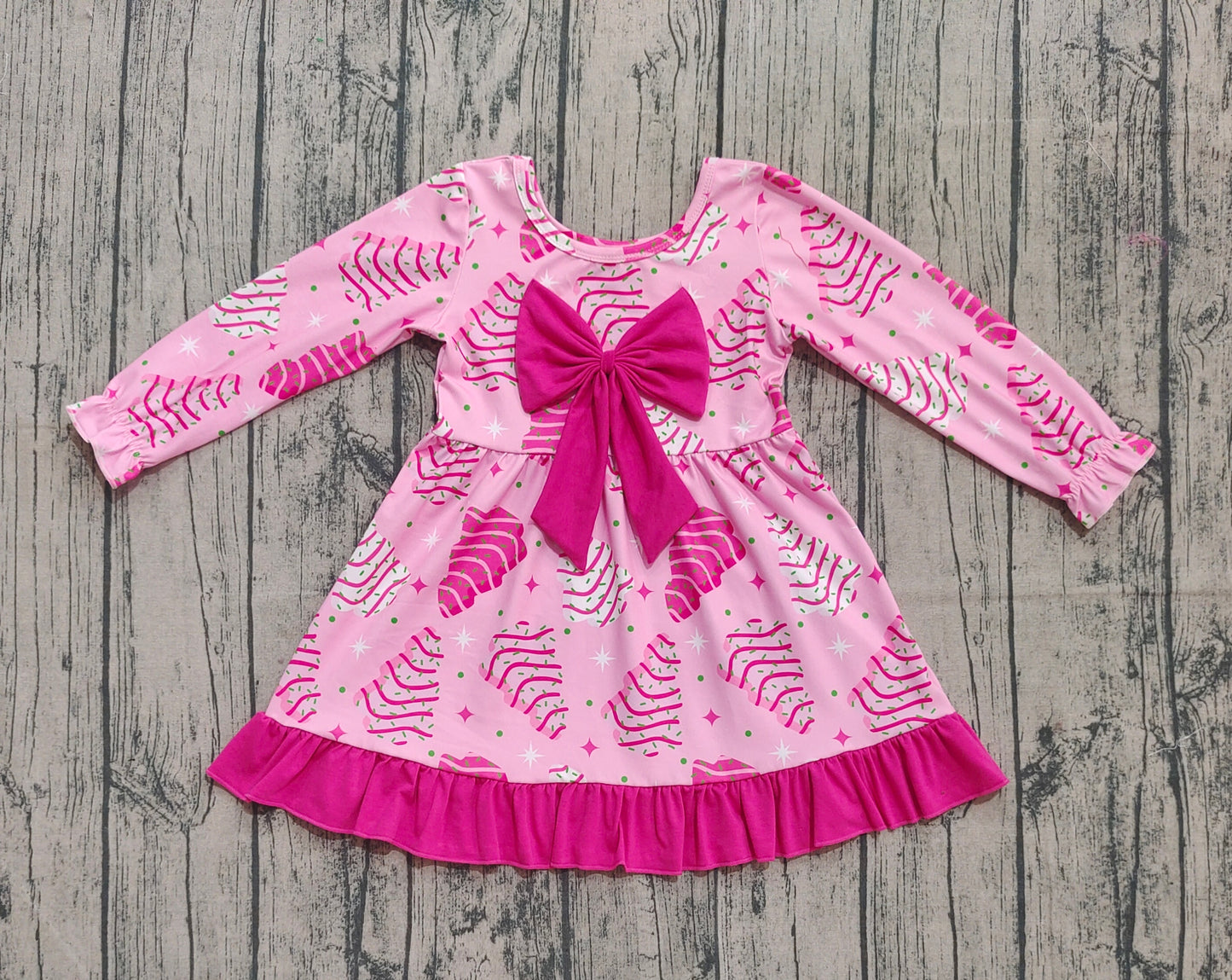 Baby Girls Pink Stripe Trees Stars Bow Christmas Ruffle Knee Length Dresses