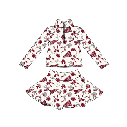 Baby Girls Dark Red Bows Go Team Yoga Zipper Pullovers Skorts Clothes Set Preorder