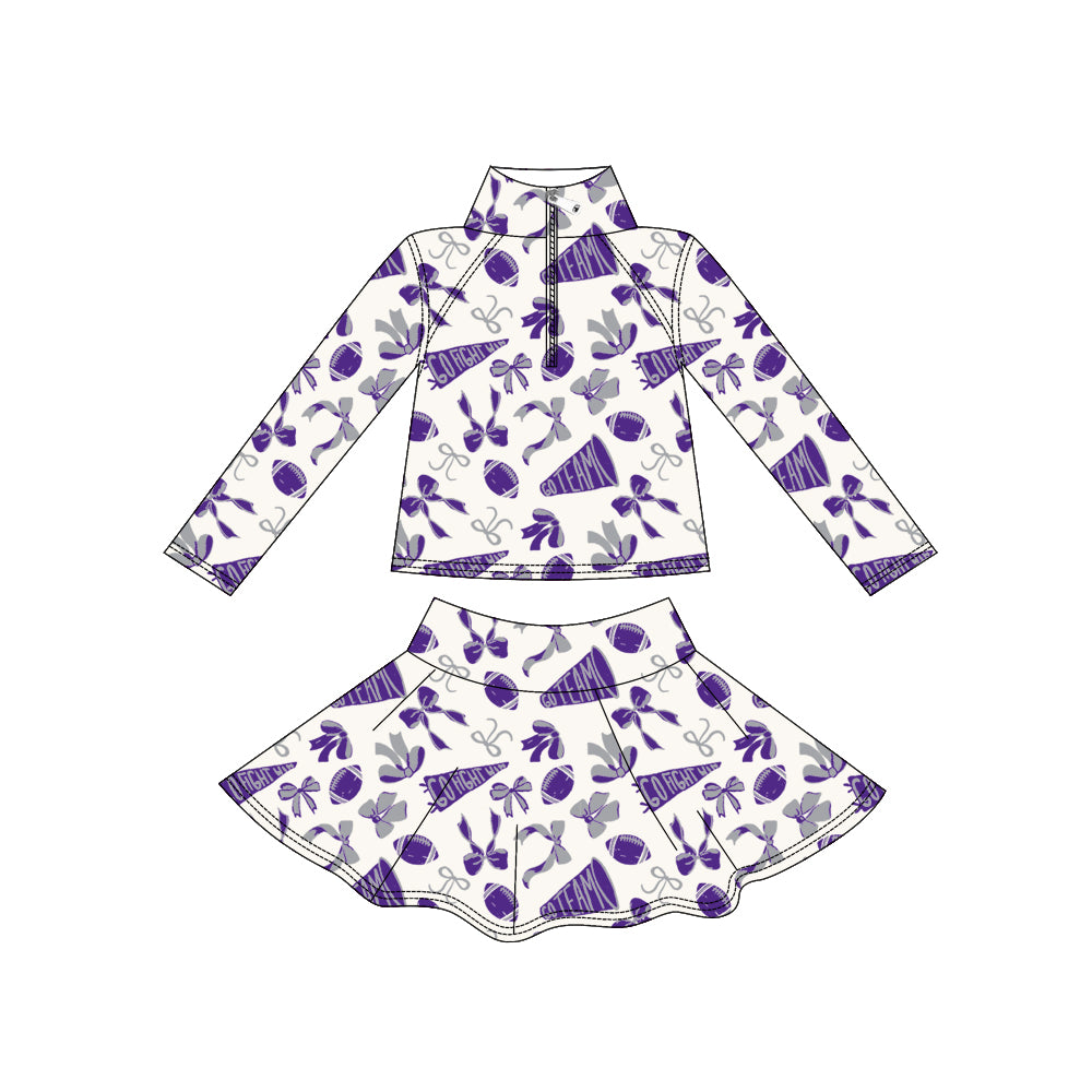 Baby Girls Purple Bows Go Team Yoga Zipper Pullovers Skorts Clothes Set Preorder