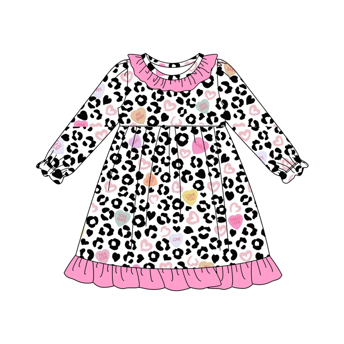 Baby Girls Pink Black Leopard Hearts Valentine Ruffle Knee Length Dresses Preorder