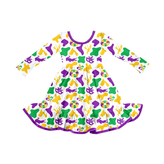 Baby Girls Purple Yellow Green Camo Crayfishes Mardi Gras Ruffle Knee Length Dress Preorder