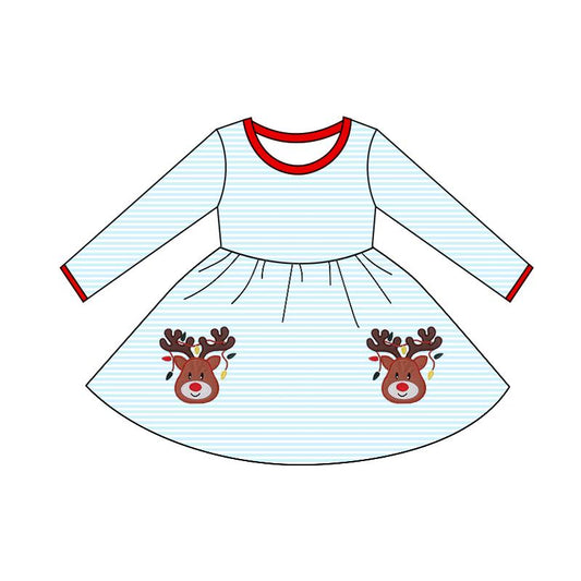 Baby Girls Blue Stripe Deer Lights Christmas Knee Length Dress Preorder